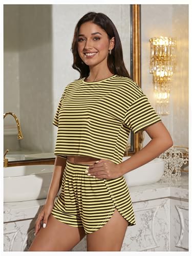 Image of OYOANGLE Womens Pajama Sets 2 Piece Sexy Lounge Sets Summer Cute Pjs Striped Print Tee and Side Split Shorts Set
