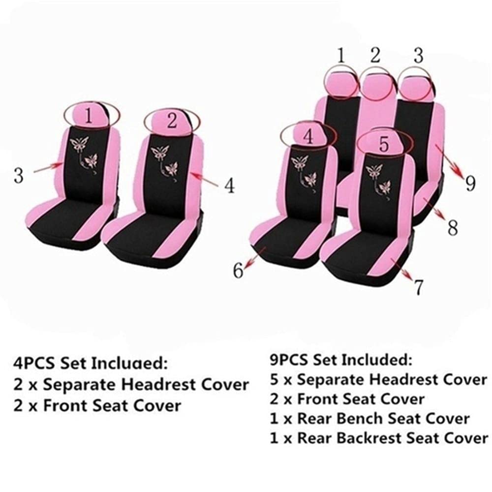 WENYOG 4/9 stks/set Roze Auto Stoelhoezen Vlinder Borduurwerk