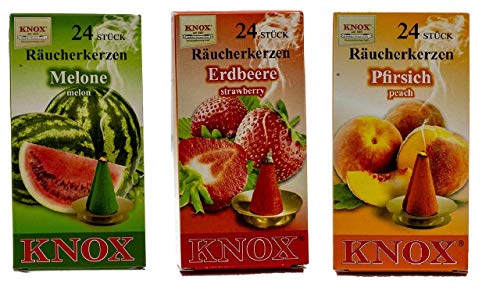 KNOX Lot de 3 cônes d'encens aux fruits - Senteurs : melon, fraise, pêche - Quantité : 72 - Fabriqué en Allemagne