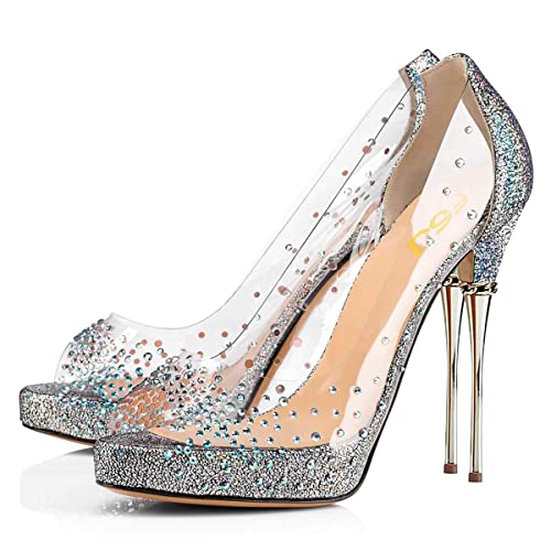 FSJ Women Classic Peep Toe Platform Heel Pumps Super High Sexy Metal Stiletto Slip On Party Shoes Size 4-15 US