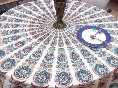 Image of RHF Cotton Round Tablecloth, 75 inch Dining Round Table Cover, Multicolor Traditional Print 4-6 Seater Round Table Cover with Fringed Lace Border