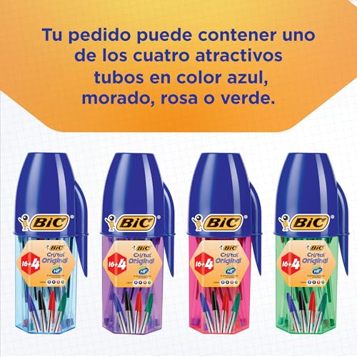 BIC Cristal Original Bolígrafos Punta Media (1,0mm) Colores Surtidos, Material Oficina y Escolar, Tubo de 20 unidades (16+4 gratis) - imagen 2