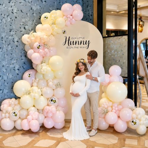 Image of Pink and Yellow Balloons, 60 Pcs 12 Inch Light Pink Yellow Sand White | Latex Balloons with 2 Pcs Ribbon for Baby Shower Bee Bear Themed Birthday Bridal Shower Wedding Party Decorations