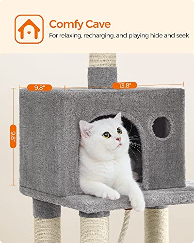 Feandrea Cat Tree, 44.1-Inch Cat Tower for Indoor Cats, Multi-Level Cat Condo with 11 Scratching Posts, 2 Perches, Cave, Hammock, Light Gray UPCT215W01