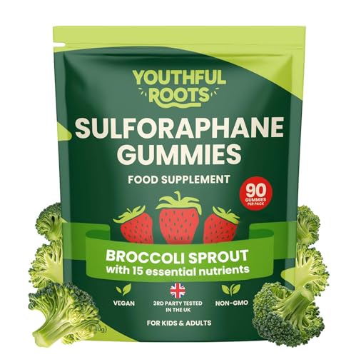 Youthful Roots Sulforaphane Supplement Gummies | Broccoli Sprout Extract with 34.5mg Glucoraphanin Antioxidant Multivitamin A to K Zinc | 90 Gummies with Strawberry Flavour | Immune & Mood Support