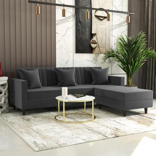 Image of FURNY Carlo 4 Seater - L Shape Convertible Sofa Set for Living Room Furniture Sets 3 Piece Small Sofa, Modular Sectional Couch for Small Space, Upholstery-Velvet Fabric (Grey)