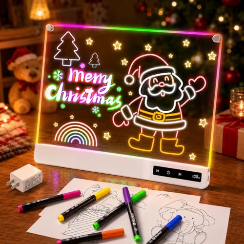 Cardivek LED Drawing Board, 14x10 Inch Acrylic Neon Light-Up Doodle Tablet with 8 Colors, 8 Light Modes, Stepless Dimming, Rechargeable, for Kids and Artists (White)