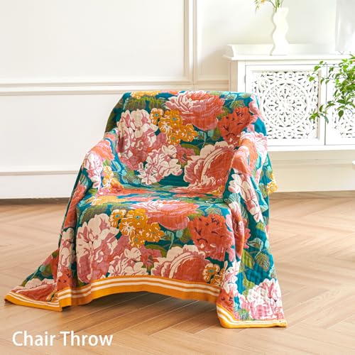 Boho Throw Blanket, 100% Organic Cotton Breathable Ultra Soft 60" x 80" Bed Quilt Throw - All Season Floral Rustic Farmhouse Decor Luxury Reversible Blanket for Sofa Couch Chair and Gift