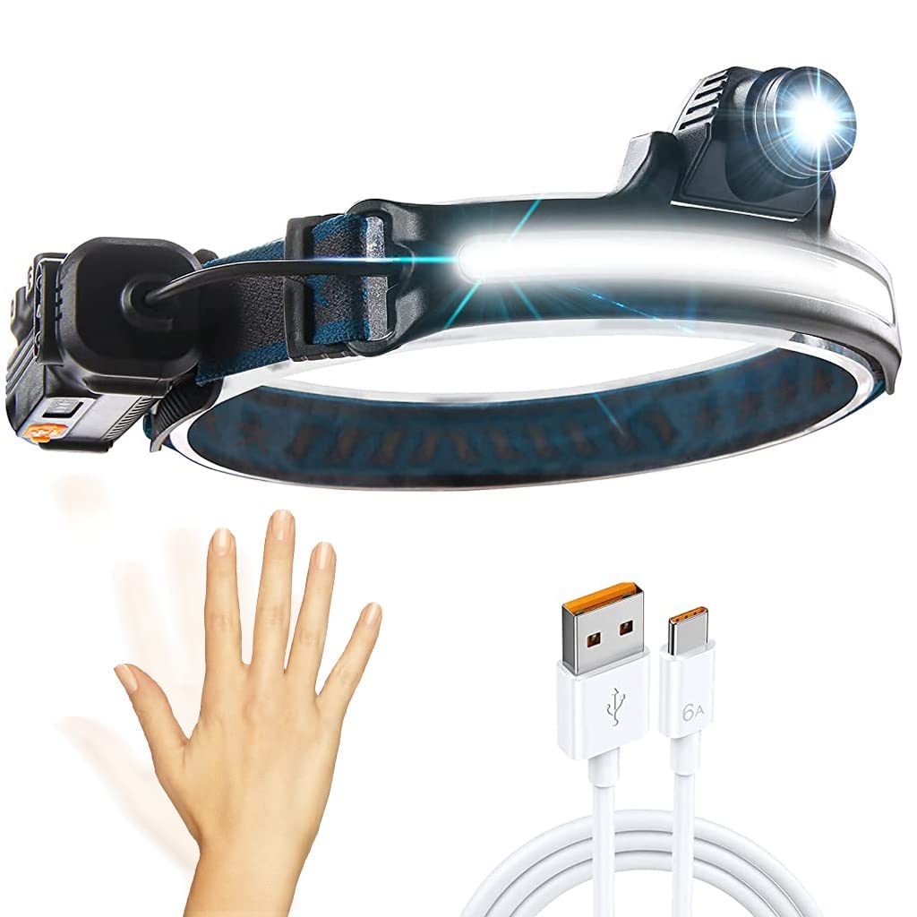 LED Headlamp,USB Rechargeable Head Torch Headlight Weatherproof LED Flash Light with Battery for Farmers, Fishing, Camping, Hiking, Cycling, Running (New Sensor Headlamp)