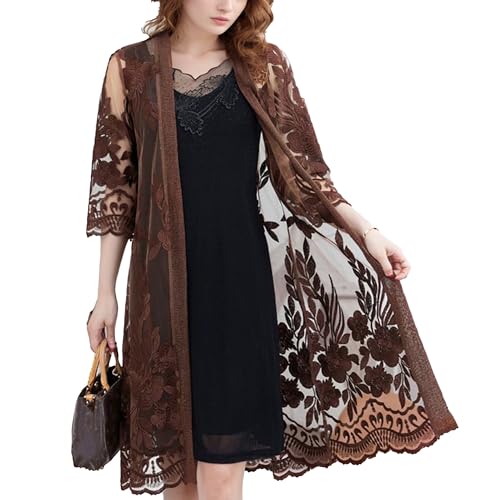Image of FindThy Women's Floral Lace Embroidery Cardigan 3 /4 Sleeve Sheer Mid-Long Coat Kimono Coverups