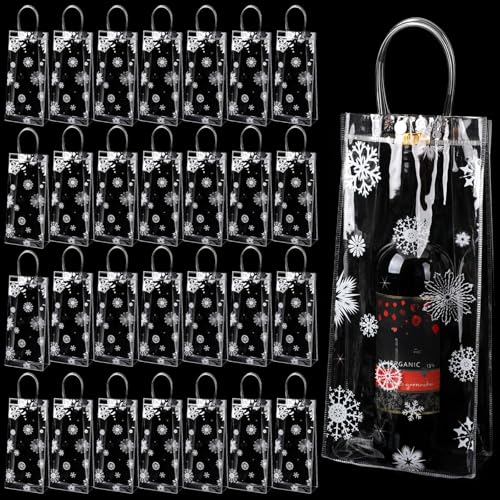Gueevin 60 Pcs Christmas Clear Gift Bags with Handles Bulk Plastic Candy Treat Snowflake Party Gift Bags PVC Wine Tote for Wedding Birthday Party Favor(5.91 x 12.99 x 2.95 Inch)