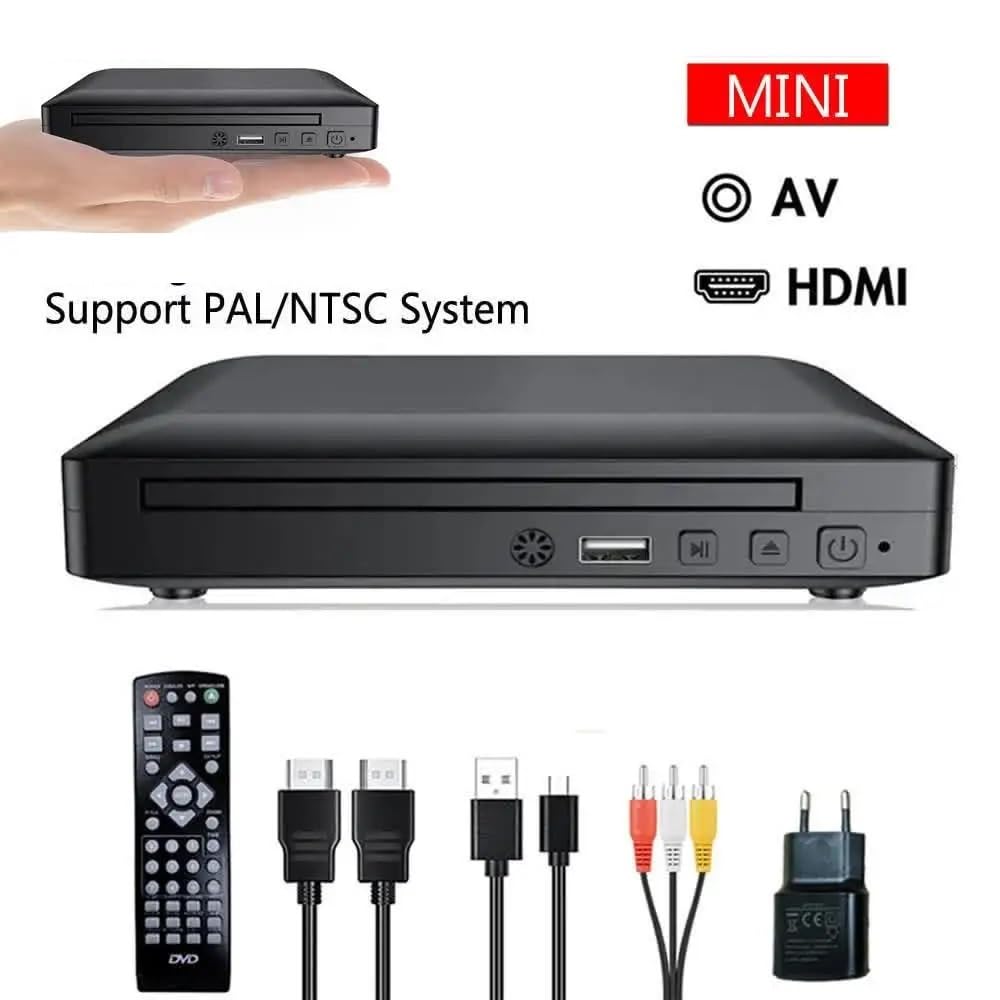 Reproductor de DVD, Mini Reproductor de DVD con HD y Cable RCA 1080P PAL/NTSC USB 2.0 Reproductor CD portátil