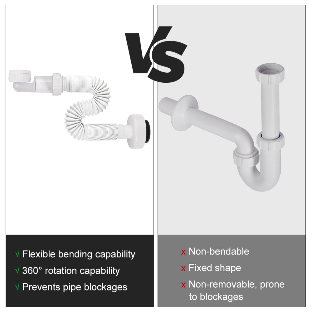 G1 1/4 zoll Siphon Lavabo Evier Cuisine Set, Siphon Plastique Gain de Place, Syphon Salle, Evacuation Evier Adaptable en à l'épreuve des Odeurs, Tuyau de Vidange Flexible Universel pour Salle