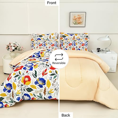 Image of lasoftan Floral Queen Comforter Set with Sheets, 7 piece Luxury Vintage Bedding, Soft Microfiber Bed in a Bag, Cozy Lightweight Bed Set, Blue Orange Flower