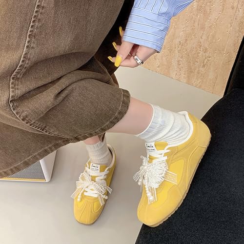 Ballet Sneakers for Woman Wide Toe Trendy Lace Up Ballerina Flats Colorblock Fancy Cute Ballet Shoes with Pearls Bow Ties 2025 Spring Summer Elegant Casual Walking Shoes3