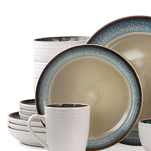 Elama Round Stoneware Dinnerware Set, 16 Pieces, Warm Taupe Blue Trim