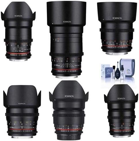 Rokinon Cine DS Lens Kit for Canon EF Mount Consists of 16mm T3.1 WA, 24mm T1.5 Lens, 35mm T1.5 Lens, 50mm T1.5 Lens, 85mm T1.5 Lens, 135mm T2.2, Cleaning Kit