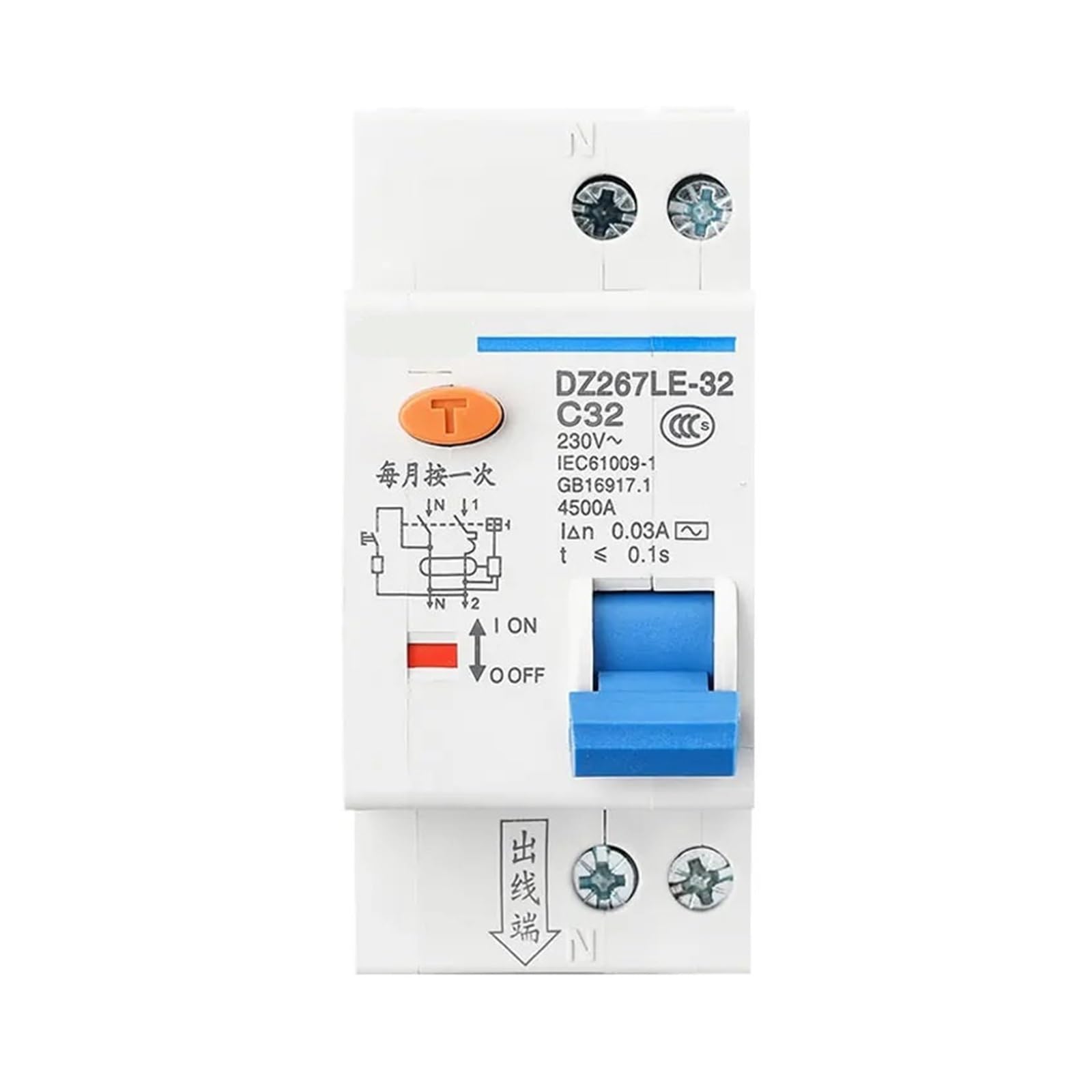 1PCS DZ267LE-32 1P + N DPNL 6A 10A 16A 20A 25A 32A Interruttore di Corrente residua RCBO Scatola Modellata Interruttore 36MM (Color : 16a, Size : 1P 1N)