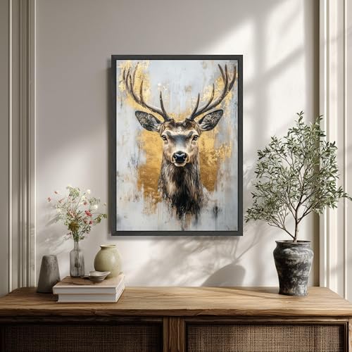 Tête de cerf dorée tableau nature pour habiller un mur vide salon