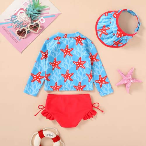 YOUNGER TREE Toddler Baby Girls Swimsuit Long Sleeve Bathing Suit Rash Guard Swim Suit Bikini Set with Bottoms Swimwear UPF 50+(Red Starfish,4-5Y)