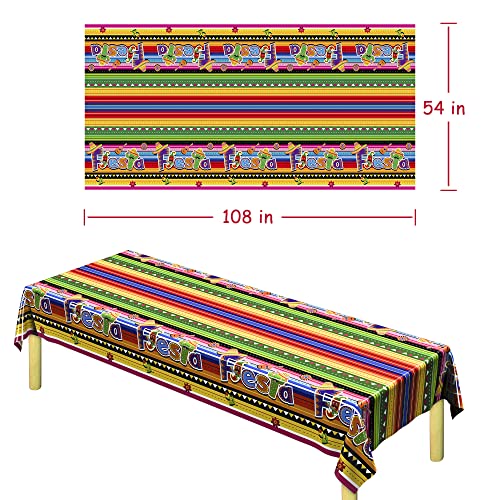 Image of 4 PCS Cinco De Mayo Tablecloth, 108 inchx54 inch Mexican Fiesta Tablecovers, Disposable Mexican Striped Table Covers, Plastic Party Table Cloth for Mexican Themed Party Supplies Carnival Taco Night Birthday