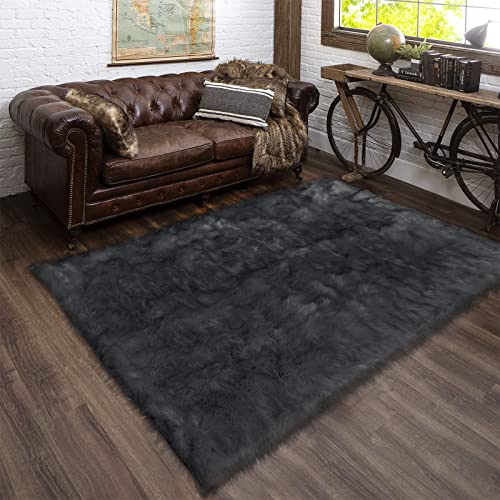 Latepis Dark Grey Rugs for Living Room Sofa 5x6.7 Faux Sheepskin Rug for Bedroom Plush Fluffy Rug Room Décor, Furry Rugs, Rectangle