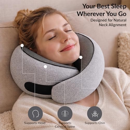Image of Travel Neck Pillow,Ergonomic 360 Memory Foam Support for Head, Neck. Adjustable for Long Flights. Soft &Washable Cover, EVA Box, 3D Eye Mask, Earplugs, Hair Tie & Luxury Bag (Grey)