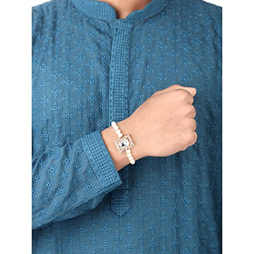 Image of Peora Rakhshabandhan Thread Rakhi for Brother Bhaiya | Kundan Beads & Crystal Studded | Combo Set of 2 | Rakhi Hamper Roli Chawal & Greeting Card