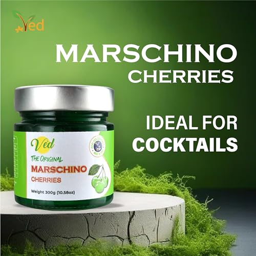 Ved Gourmet Original Grüne Maraschino-Kirschen – Italienische Kirsche für Old Fashioned Cocktails, Veganer Cocktail, Bourbon-Kirschen in natürlichem Sirup zum Cocktail-Topping (300-g-Glas (1er-Pack))