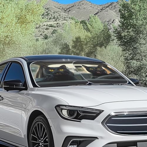 Image of Funny Black Cat Car Front Windshield Sun Shade 2-Piece Foldable Car Windshield Sun Shade UV Rays and Keeps Vehicle Cool Easy to Install for Most Sedan Truck SUV