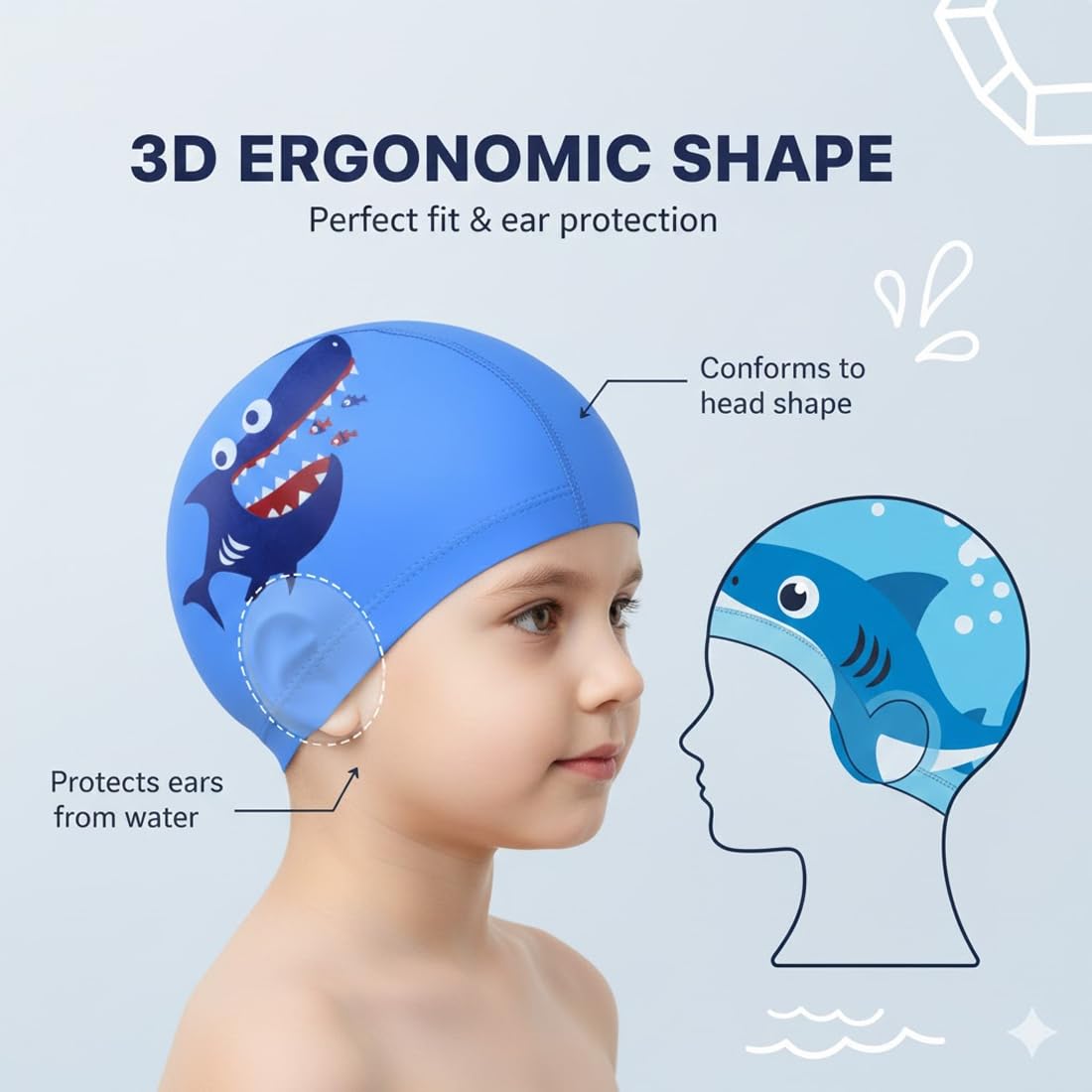 Gorro de Piscina para Niños 4-10 Años, Gorro de Natación Niño y Niña con Diseño de Tiburón Azul Claro, Ajuste Cómodo y Resistente al Agua para Entrenamiento y Competición
