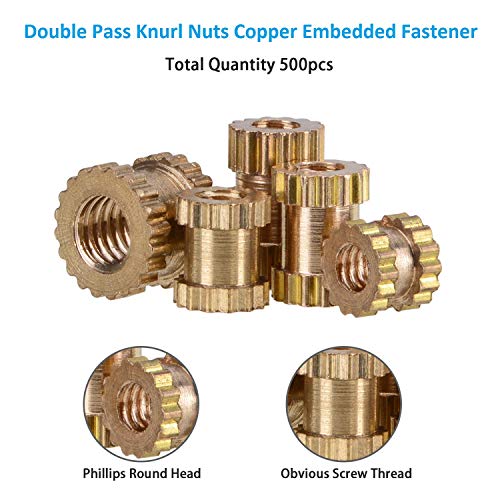 Meiyyj 500Pcs M2 M2.5 M3 Metric Female Thread Knurled Brass Threaded Insert Embedded Nuts Assortment Kit,Double Pass Knurl Nuts Copper Embedded Fastener For Furniture Electrical And More Projects #TOP2