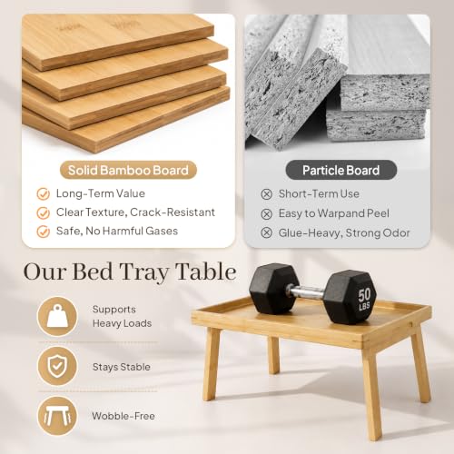 Image of Bamboo Bed Table Tray with Support Bar and Foldable Legs, Breakfast Food Trays Table for Bed Sofa Eating and Laptops, TV Lap Tray Table on Couch (Applied for Invention Patent)