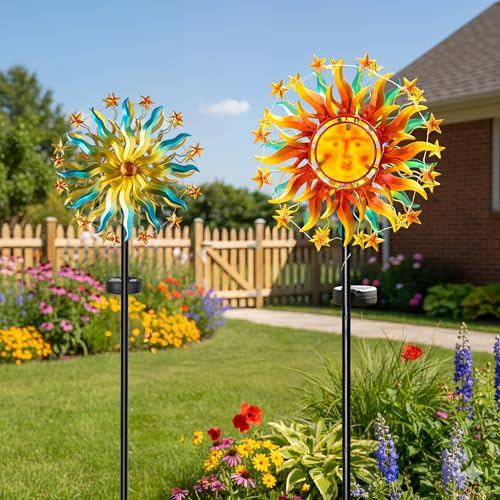 Image of Solar Wind Spinners for Yard Garden - 60.3 Inch 360 Metal Sun Wind Sculptures Outdoor Clearance Kinetic Windmills with Vine String Shining LED Lights for Patio, Lawn Xmas Garden Decoration