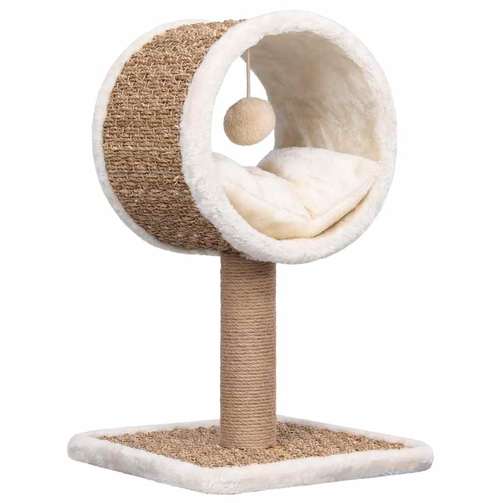 Kratzbaum Mit Spielzeug 56 cm Seegras | Kompakt Fur Wohnung, Kratzstange Mit Seegras Umwickelt, Stabiler Standfuss, Katzenspielzeug