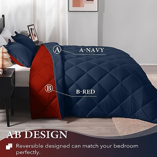 Image of downluxe King Size Comforter Set - Red and Navy King Comforter, Soft Bedding Sets for All Seasons -3 Pieces - 1 Comforter (104 inchx92 inch) and 2 Pillow Shams(20 inchx36 inch)