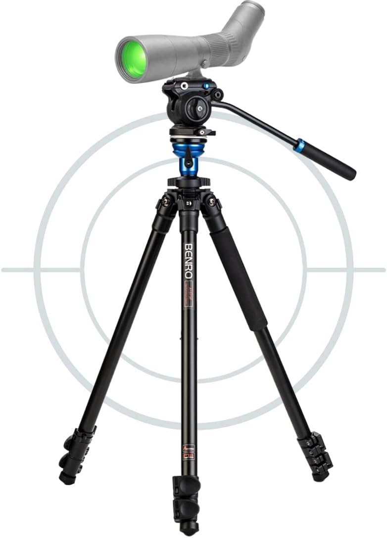 Benro A1573F Aluminum Tripod for Spotting Scopes, Binoculars, Outdoor Field Viewing, Leveling Base, Smooth Fluid Head w/Sliding QR Plate, Flip Locks, Case, Adjustable Legs, 62" Max Ht, 5.5lb Payload