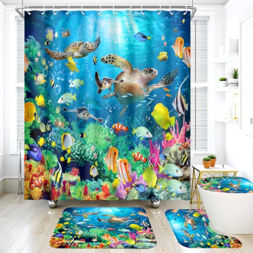 ZXMBF 4Pcs Sea Turtle Shower Curtain Set with Rugs,Toilet Lid Cover and Bath Mat,Underwater World Colorful Tropical Fishes Coral in The Deep Sea Reef Bathroom Bathtub Decor with Hooks