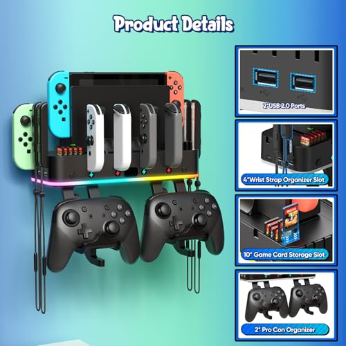 Image of Switch /OLED Wall Mount RGB Charging Dock for Nintendo Switch for Joycon | 4 Controllers Charger Stand, Accessories Organizer with Holder & 15 Light Mode,2 USB Ports,,10 Card Slots