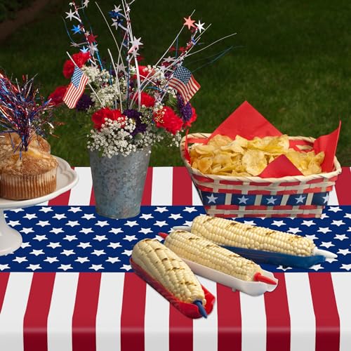 Image of 4 Pcs 4th of July Decoration, Plastic Disposable 4th of July Tablecloths | 108 X 54 In Patriotic Table Covers, Red White Blue American Flag, Easy Cleanup, Waterproof Tear Proof for Independence Day