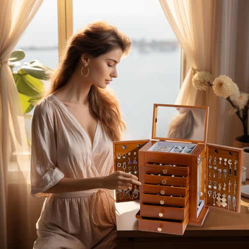 ProCase Large Jewelry Box, 7-Layer Wooden Jewelry Boxes for Women, Jewellery Holder Organizer Storage Case with Mirror for Earrings Necklace for Dresser -Brown by ProCase - Used condition - Image 7