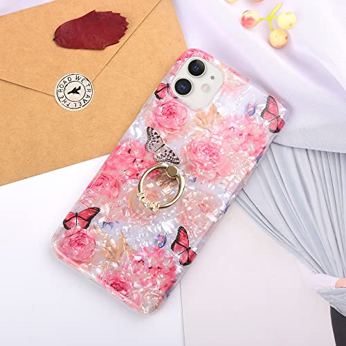 Qokey Compatible With Iphone 11 Case,Flower Pattern Cute Fashion For Women Girls Men With 360 Degree Rotating Ring Holder Kickstand Soft Tpu Shockproof Cover For Iphone 11 6.1 Inch Rose Butterfly #TOP6