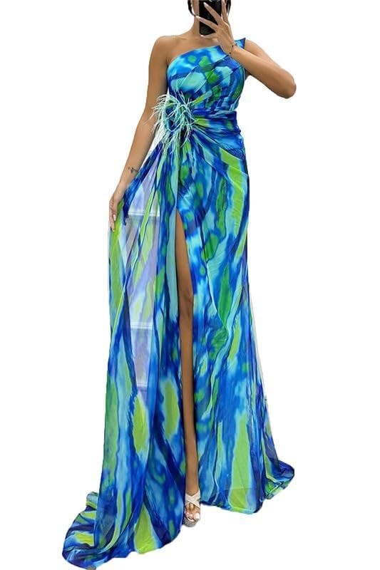 Vestido largo de gasa para mujer, con abertura alta y flores en 3D, vestido de fiesta de noche, formal, con un hombro, estampado floral, para dama de honor, fiesta de noche, 62, L
