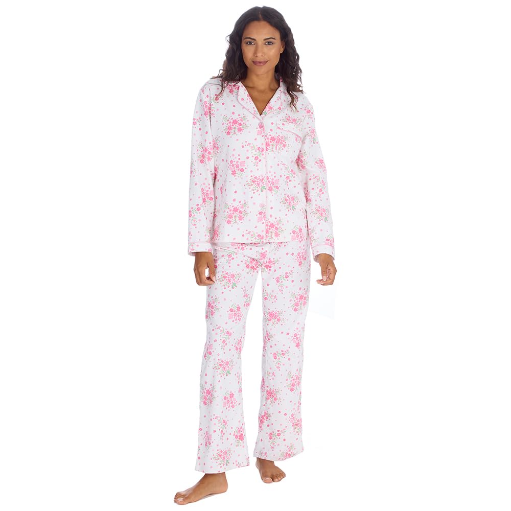 Metzuyan Ladies Floral Printed 100% Cotton Pyjama Set Classic Buttoned White Sizes White Pink UK 22-24