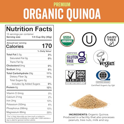 Image of Viva Naturals Organic Quinoa,24 oz (1.5 lb)-Gluten Free and Vegan Complete Plant Protein,Easy to Use Source of Fiber and Iron,USDA Organic and Pre Washed,Non-GMO Whole Grain Rice and Pasta Substitute