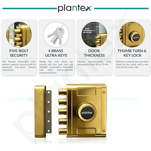 Image of Plantex Stainless Steel Penta Bolt Lock for Main Door /5-Point Security Deadbolt with Brass Cylinder & 4 Keys /Door Lock Set with 5 Years of Warranty (PVD Gold)