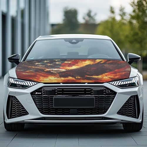 Image of Car Hood Cover, Eagle American Flag Flame Design Car Hood Protector Auto Patriotic Decorations Waterproof Auto Hood Wrap Blankets Universal Automotive Exterior Accessories