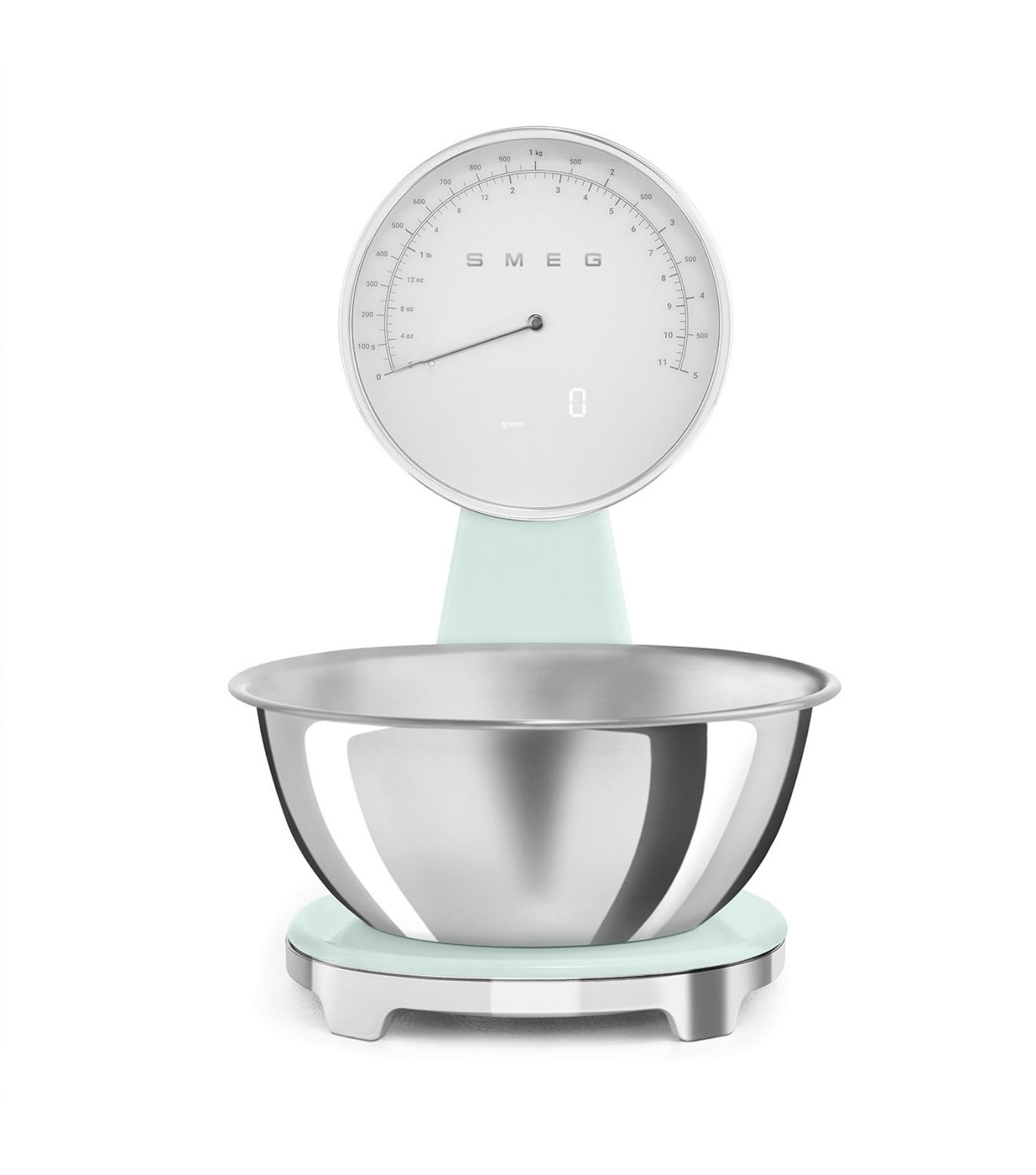 Smeg, Bilancia da Cucina Digitale e Analogica KSF01PGWW, Ciotola in Acciao Inox 1,8L Removibile, Quattro Unità di Misura g/ml e lb.oz/fl.oz, con Funzione Tara, Portata Massima 5kg, Verde Pastello