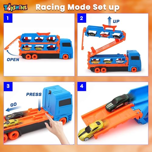 Image of Toyshine Big Hauler Storage & Deform Transport Truck Toy with 2 Foldable Ejection Race Track & 2 Pc Die cast Cars for Kids Boys Girls 3+ Years