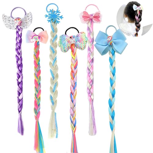 6Pcs Girls Colored Braids Hair Extensions with Rubber Bands, Rainbow...